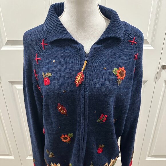 Tiara International Autum Fall leaves zip embroidered cardigan sweater medium - Picture 5 of 5